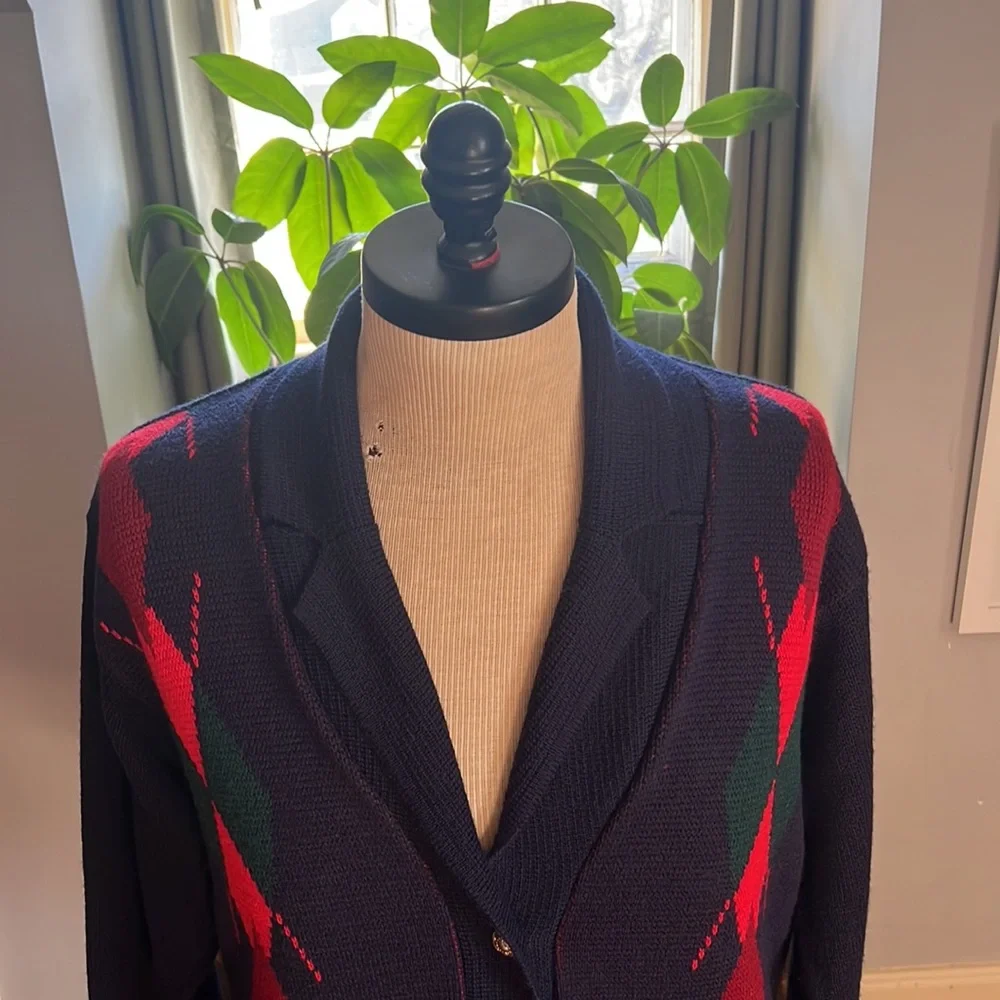 Pitlochry Wool Blend Cardigan Made in Scotland Navy Green Plaid Size Large - Picture 7 of 15